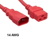 Kentek Red 3' ft 14 AWG Color Power Cord IEC60320 C14 to IEC60320 C19 15A/250V
