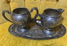 RaRe aNTIQUE Lehman Bros NY Tray CREAMER and SUGAR Silver Plate Silverplated SET
