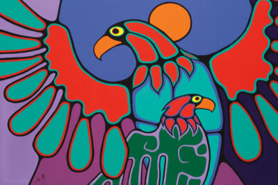 Jim OSKINEEGISH '' Protecting The Young '' Canvas Native Art Indigenous Ojibwe Red