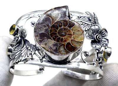 Ammolite & Citrine Gemstone 925 Sterling Silver Jewelry Cuff Bracelet Size -ADJ''