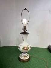 vintage hand painted floral table lamp Pink Rose Blue Flower Gold Tone Trim