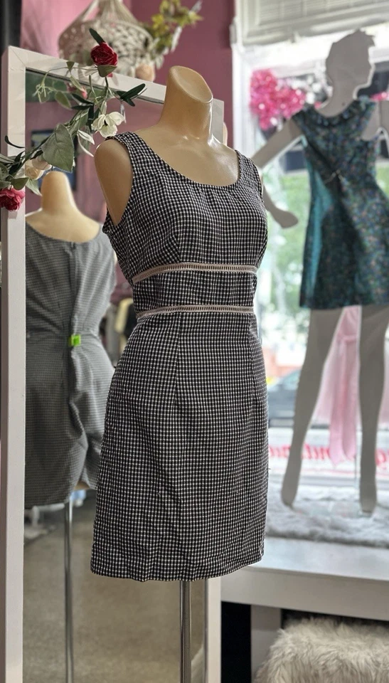 Vintage 90s Gingham Mini Dress Blue White Preppy Sleeveless Coquette Twee M - Image 3 of 4