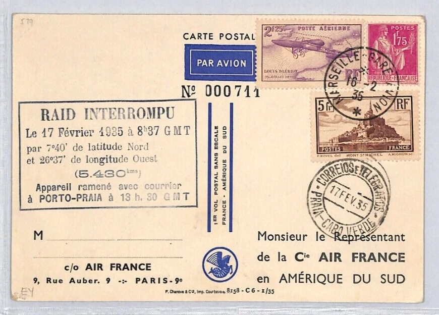 FRANCE Art 1935 Card AIR FRANCE *RAID INTERROMPU* Cachet CAPE VERDE Praia YZ130 - Image 3 of 4