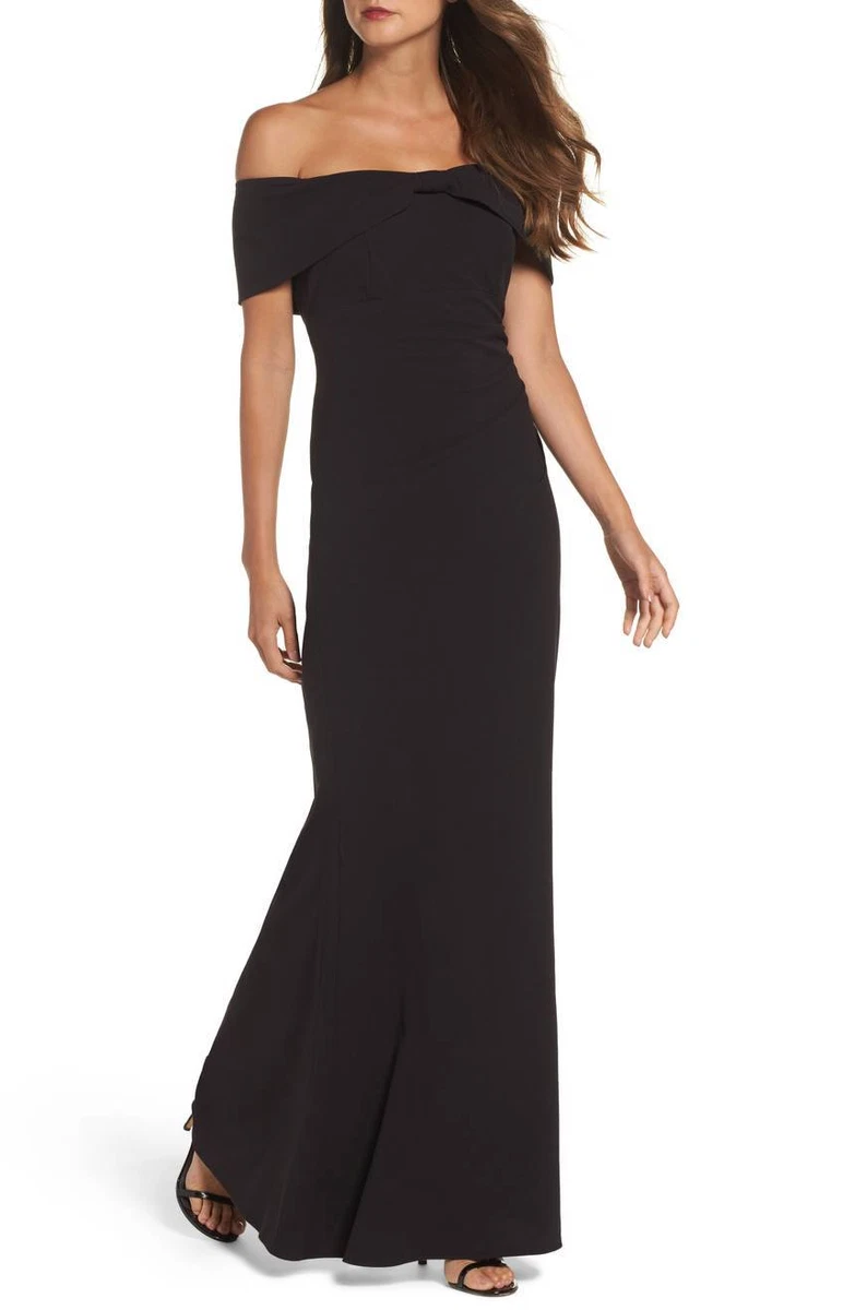 ELIZA J Black Knot Twist Bow Off Shoulder Drape Stretch Ruched