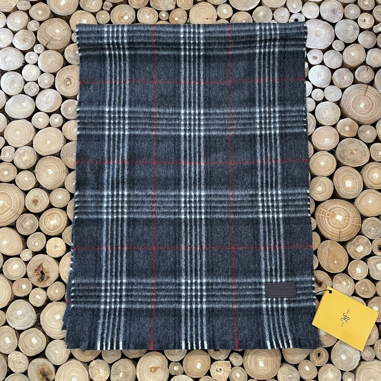 Hickey Freeman Mens 100% Cashmere Scarf Black Gray Red Plaid Check NWT $125