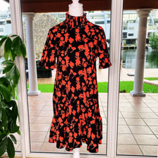Zara Red and Black Floral High Neck Short-Sleeve Ruffled Hem Dress, S #019