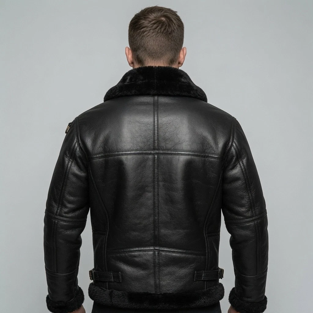 Mens B3 Black Bomber Real Shearling Sheepskin Aviator Flight Leather Jacket USA image 2