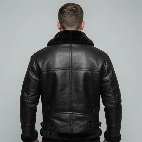 Mens B3 Black Bomber Real Shearling Sheepskin Aviator Flight Leather Jacket USA image 2