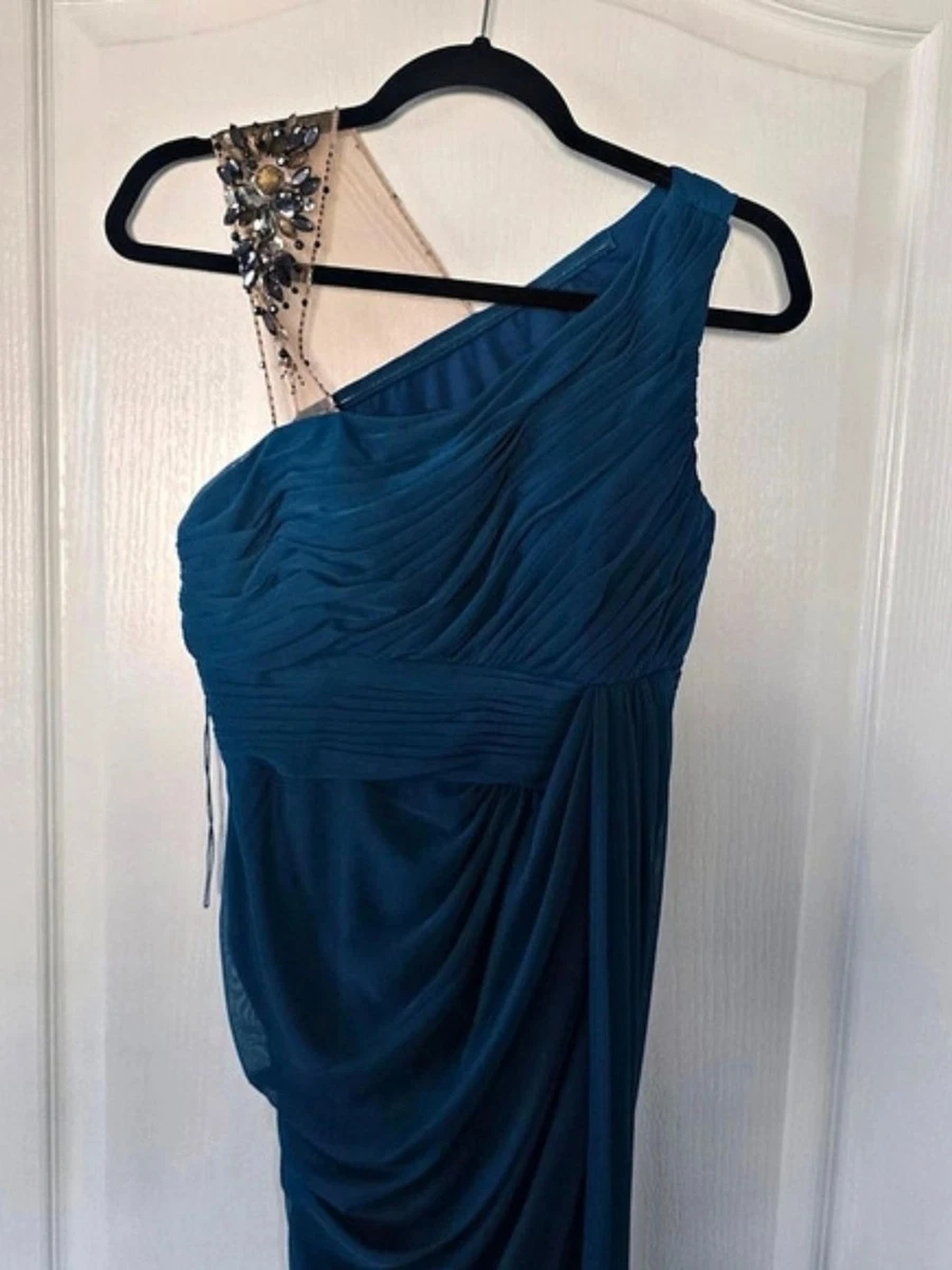 Maxi Vestido Adrianna Papell Un Hombro Acanalado Azul Talla 8