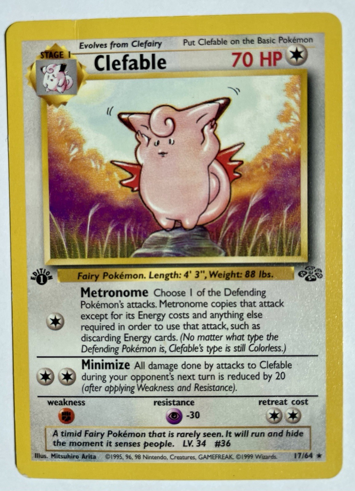Pokémon Card 1999 Jungle Set Clefable 17/64 1st Edition Small Crease