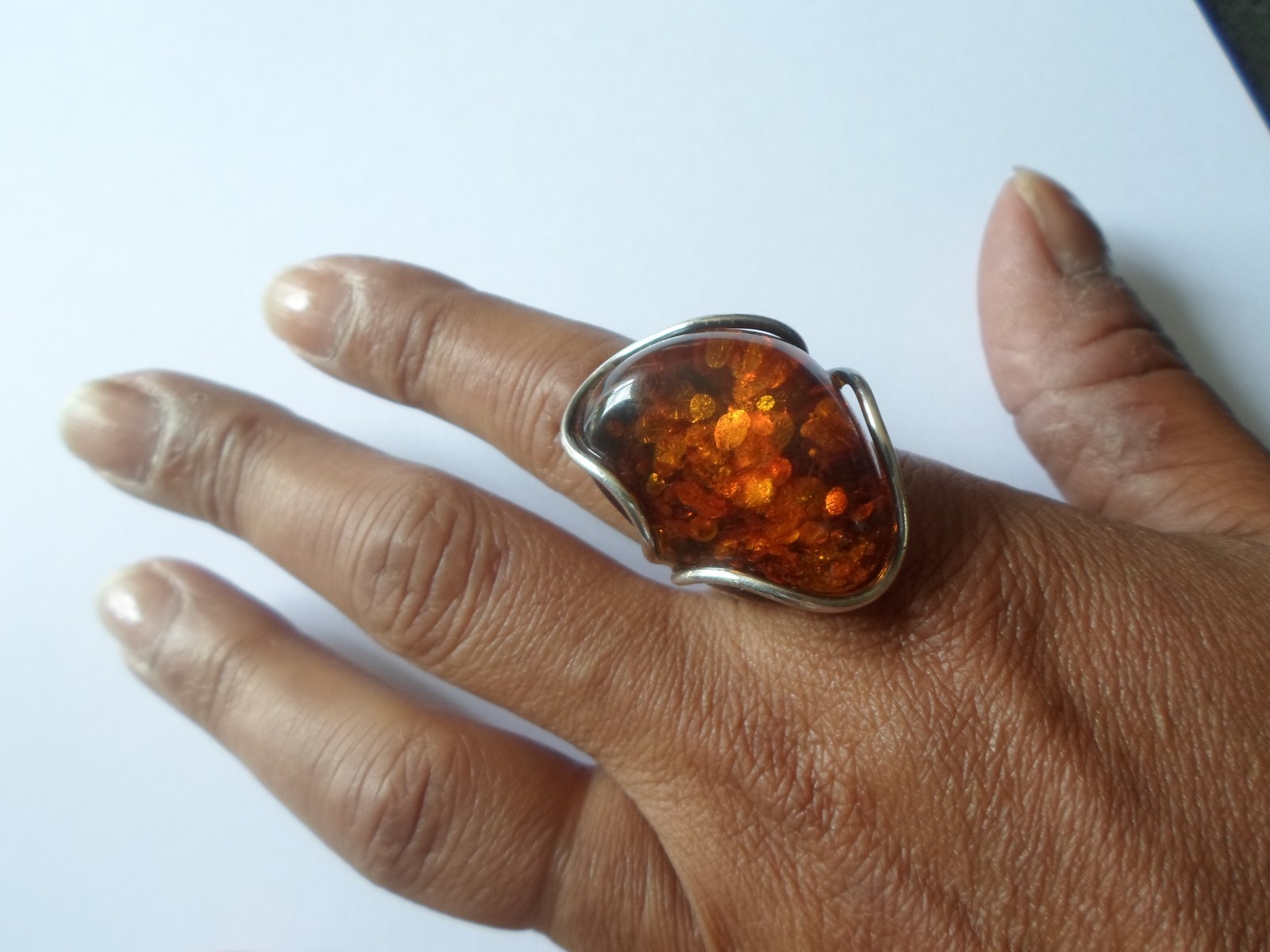 solid silver ring, large amber cabochon with incl… - image 4