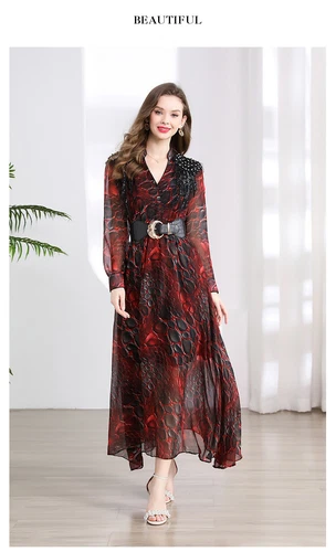 Maxi abito donna sexy pizzo scollo V cintura stampa perline vestito lungo donna - Foto 17 di 28