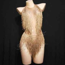 Sparkly Rhinestones Fringes Bodysuit Women Nightclub Outfit Dance Stage Leotard
