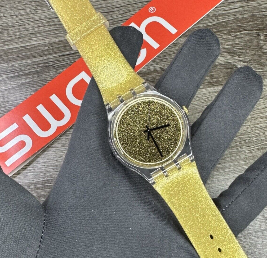 NEW✓ SWATCH Originals NUIT DOREE Gold Glitter 41mm Clear Watch