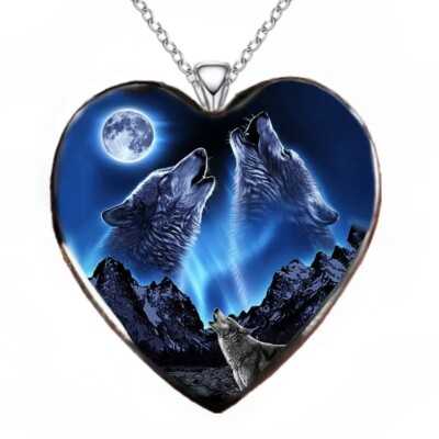 #ad Roaring Wolf Under The Moon Pattern Heart Pendant Necklace Jewelry Accessories $12.91