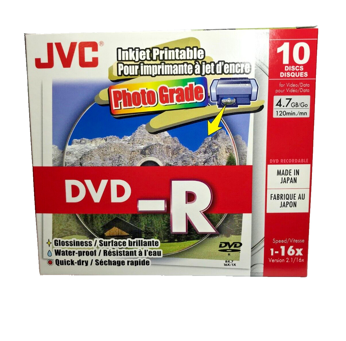 10 Taiyo Yuden JVC CMC Gloss WATERPROOF PRINTABLE Blank DVD-R 16x 120min discs