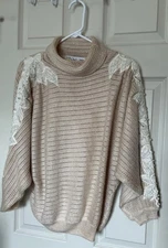 Vtg Wenjilli Knit Mock Neck Beaded Floral Sweater Beige Women’s M