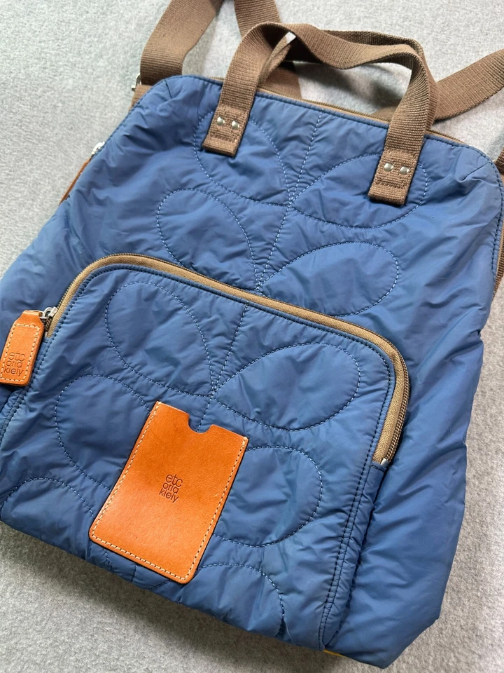 Etc Orla Kiely Stem Quilted Backpack In Ocean Blue Yellow Zip Pockets Travel - Image 2 of 4