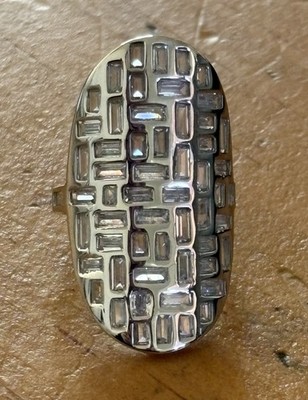 Sterling Silver Elongated Ring Clear Cubic Zirconia Size 5 Signed YGI 1.5 Inch 