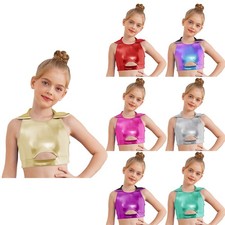 Girls Shiny Gymnastics Vest Metallic Hooded Crop Tops Dance Training Performance