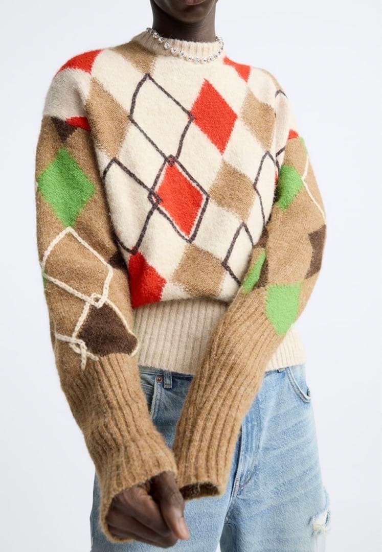 NWT Zara x Harry Lambert Wool Blend Argyle Jacquard Sweater Relaxed-Fit Men's L thumbnail 5