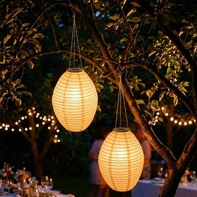 Solar Nylon Lampion oval 33 x 22 cm - 2er Set - Garten Party Deko Beleuchtung