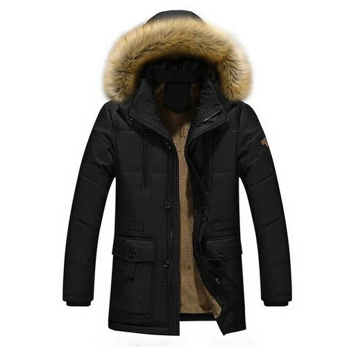 Winter Men Hooded Fur Collar Thick Parka Coat Jacket Velvet Lining Warm Coats - Picture 9 of 30