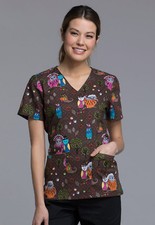 Harvest Hoot Cherokee Scrubs Thanksgiving Mock Wrap Top CK614 HVHT
