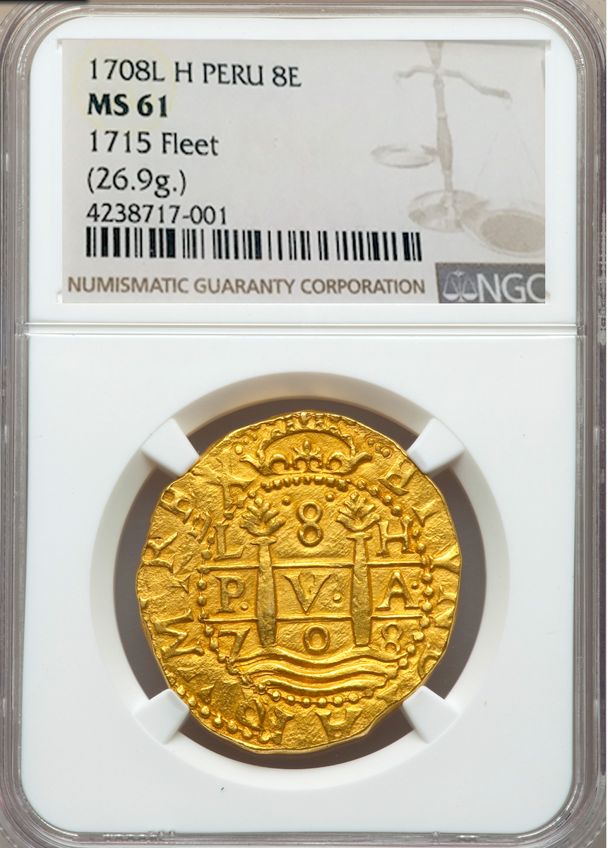 PERU 1708 8 ESCUDOS NGC 61 1715 FLEET GOLD SHIPWRECK COB DOUBLOON
