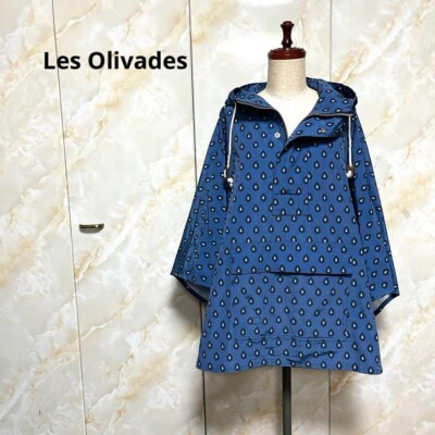 Les Olivades Blue Rain Jacket Hooded Poncho Half-zip Front Large Front Pocket