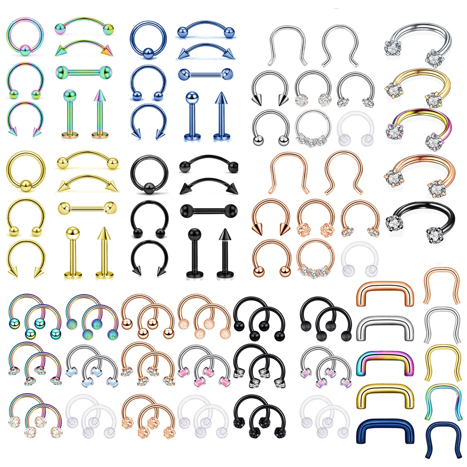 Eyebrow Labret Stud Body Piercing Jewelry Lot Horseshoe Nose Ring Set 14G 16G - Image 2 of 4