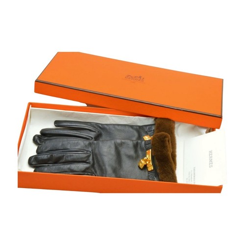 HERMES Kelly Fur Lambskin Gloves Black Silver Hardware Size 6 1/2