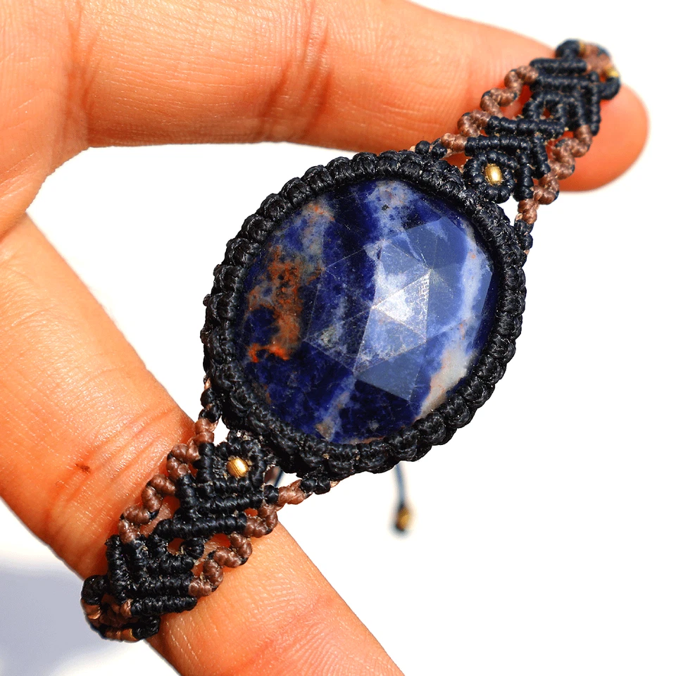 Hand Crafted Natural Faceted Sodalite Micro Macrame Cuff Reiki Gemstone Bracelet - Image 3 of 4
