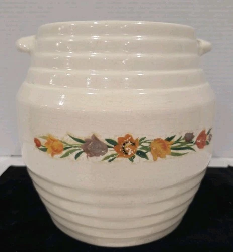 Vintage RED WING SAFFRON WARE Pottery COOKIE JAR with LID - Flowers Art - 1930's