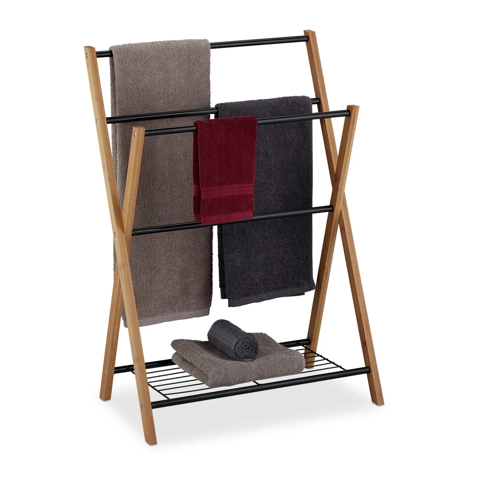 Porte-serviettes sur pied 4 barres porte-serviettes en bambou - Photo 1/4