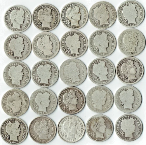Lot of 25 Barber 90% Silver Dimes - Various Dates (1898-1916), Wear and Mints
