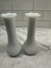 2 Randall White Milk Glass Ribbed Bud Vases Pin Stripe 6" Scalloped Rim Vintage