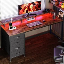 55 inch computer desk with power outlets and led lights, gaming desk w