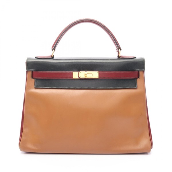 HERMES Kelly 32 Tricolor Shoulder Handbag Box calf leather Brown Red used V GHW