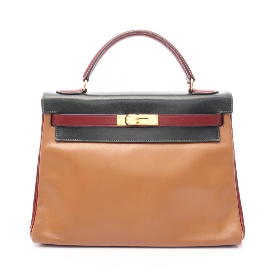 HERMES Kelly 32 Tricolor Shoulder Handbag Box calf leather Brown Red used V GHW