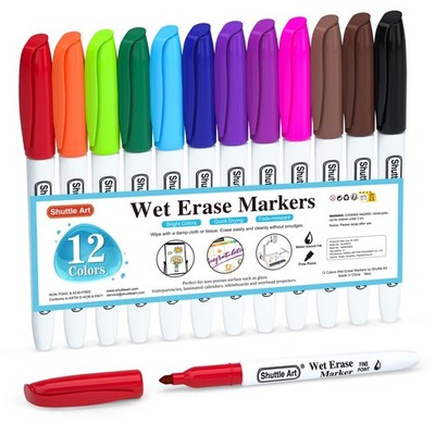 Wet Erase Markers, 12 Colors 1mm Fine Tip Overhead Projectors Transparency Sm...