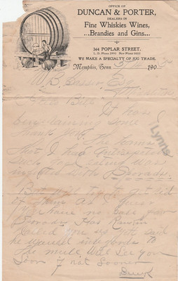 Rare 1905 Memphis Tn Duncan & Porter Whiskey Distillery Letter Head Hand Written