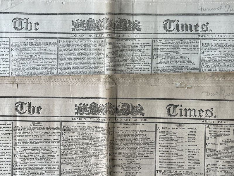 QUEEN VICTORIA DEATH&FUNERAL Complete editions (2) TIMES of LONDON Jan &Feb 1901