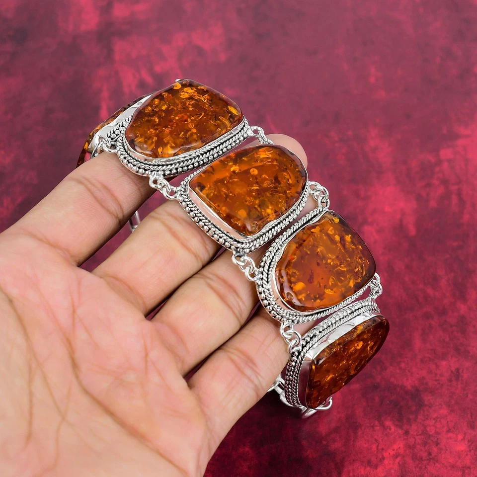 Baltic Amber Slice Gemstone 925 Sterling Silver Handmade Bracelet AAA+ Jewelry - Image 2 of 4