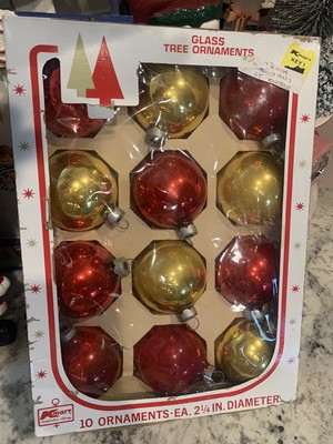 Vintage 12 Glass Christmas Ornaments Red&Gold KMART Shiny Brite ORIGINAL Box