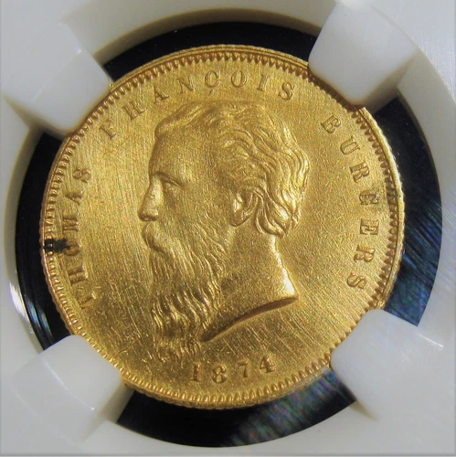 South Africa: Republic gold "Fine Beard" Burgers Pond 1874 XF Details NGC.
