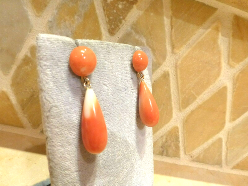 Vintage 14k or Jaune Sculpté Corail Tomate Rouge Orange Goutte Pendantes Boucles - Photo 3 sur 7