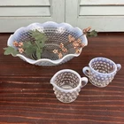 Vintage Anchor Hocking Moonstone Ruffled Serving Bowl 9" Opalescent Hobnail Set