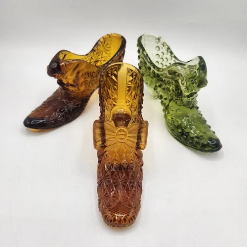 3 VTG Amber & Green Glass Shoes Slipper Daisy Button Fenton Collectible Decor