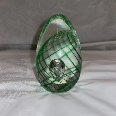 Vintage Paperweight Art Glass Egg Shaped Clear w/Lime Green Spiral Swirl Design